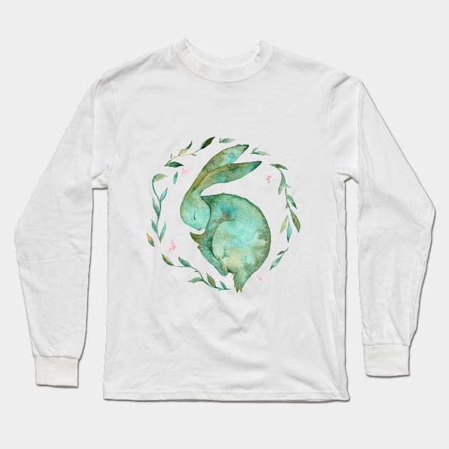 Sleeping Bunny and Flowers Long Sleeve T-Shirt by Pearl and Plam